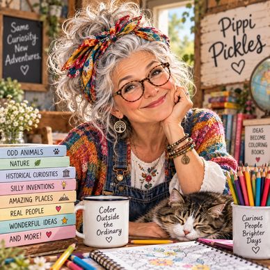 Smiling woman with cat and colorful books in cozy creative space.