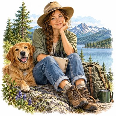 Woman and dog resting in nature by a mountain lake.
