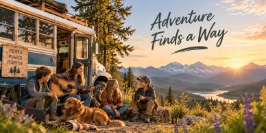 Group enjoying music and nature at sunset near a camperbus.