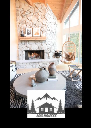 A fire place and a hanging chair.