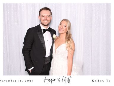Bride and groom picture from portrait booth with a white sequin backdrop