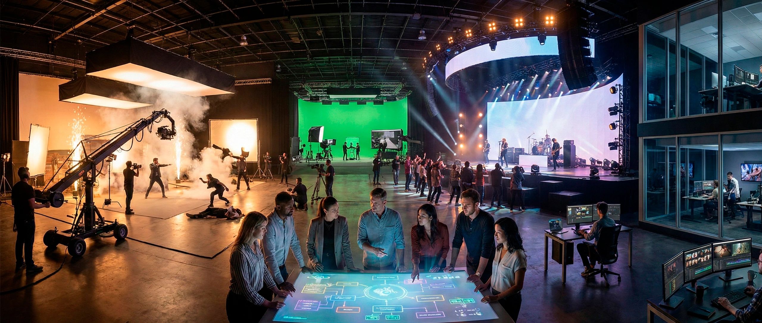 A busy film studio with a live band, green screen, and team collaboration.