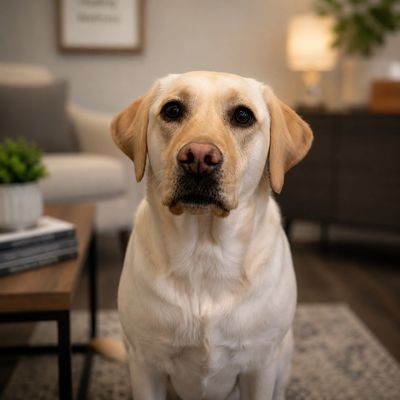 Labrador dog sitting indoors.