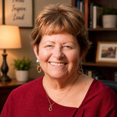 Smiling middle-aged woman in a cozy room.