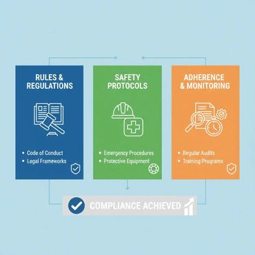 Flowchart showing rules, safety, and monitoring leading to compliance.