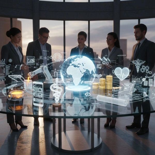 Business team discussing futuristic global technology and finance around a digital globe.
