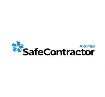 SafeContractor logo with blue flower symbol and Alcumus branding.