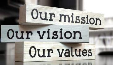 Wooden blocks with the phrases: Our mission, Our vision, Our values.