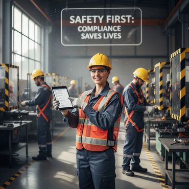 Factory workers in safety gear with a safety compliance checklist on a tablet.
