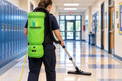 Woman using a green Mosquito America 10-1011 10-Quart Super HEPA backpack vacuum to clean a school h