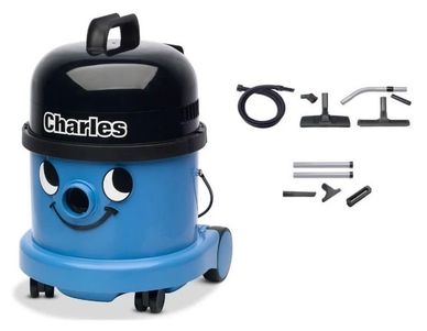Numatic Charles commercial wet and dry canister vacuum with professional cleaning tools