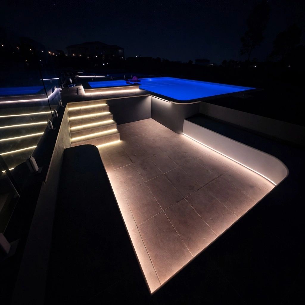 LED step and pool area lighting at night, installed by Stat Electrical in the Redlands