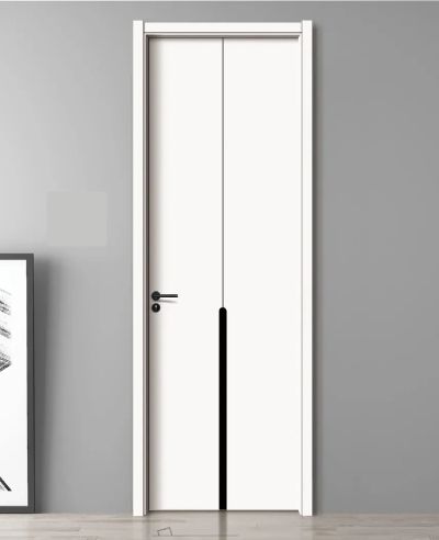 Minimalist white door with a black vertical design and modern handle.