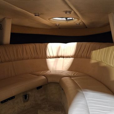 Cleaned and detailed interior of a boat cabin with luxury leather seats