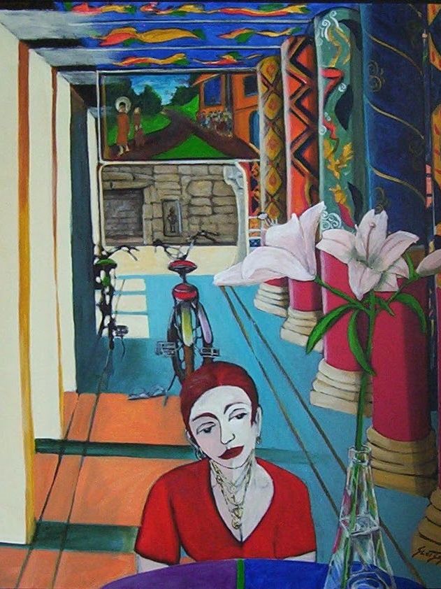 Thoughtful woman in a temple with colorfully decorated columns. Light  pours in. Mural and bicycles.