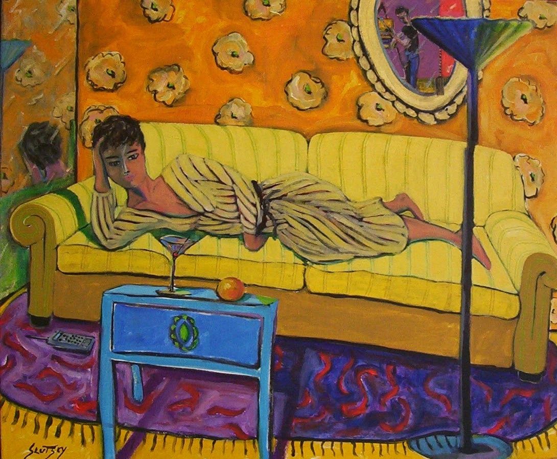 Woman reclining on yellow sofa. Martini orange on table. Artist and woman reflected in mirrors 