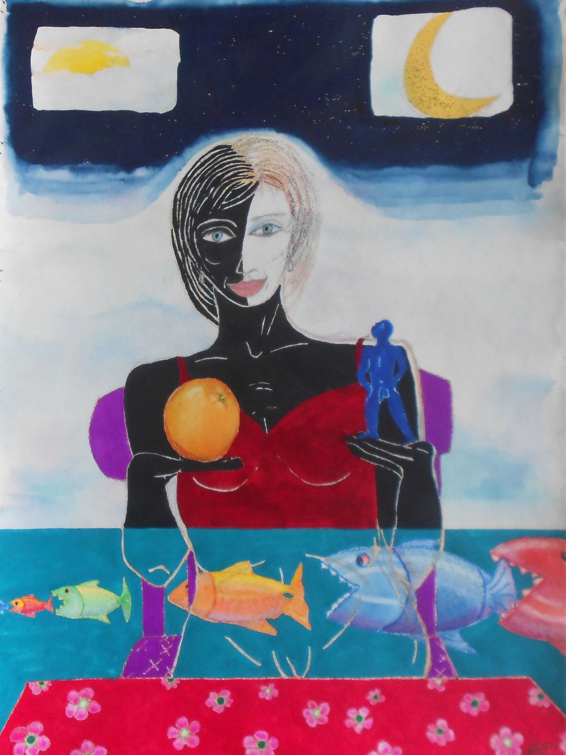 Woman balancing an orange and a man. Red dress. Moon and fish. Face half black, half white.