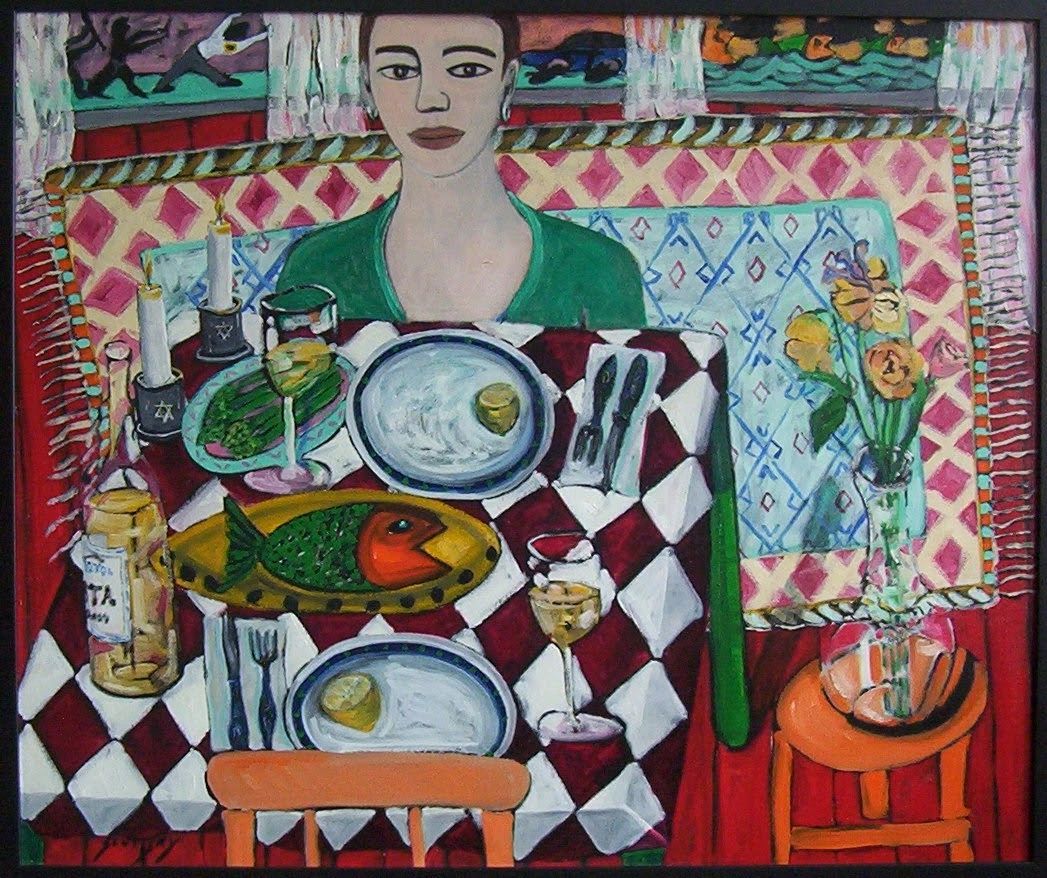 Woman at  table. Wine, fish, flowers, lemon, asparagus. Outside window are cars, frightened people 
