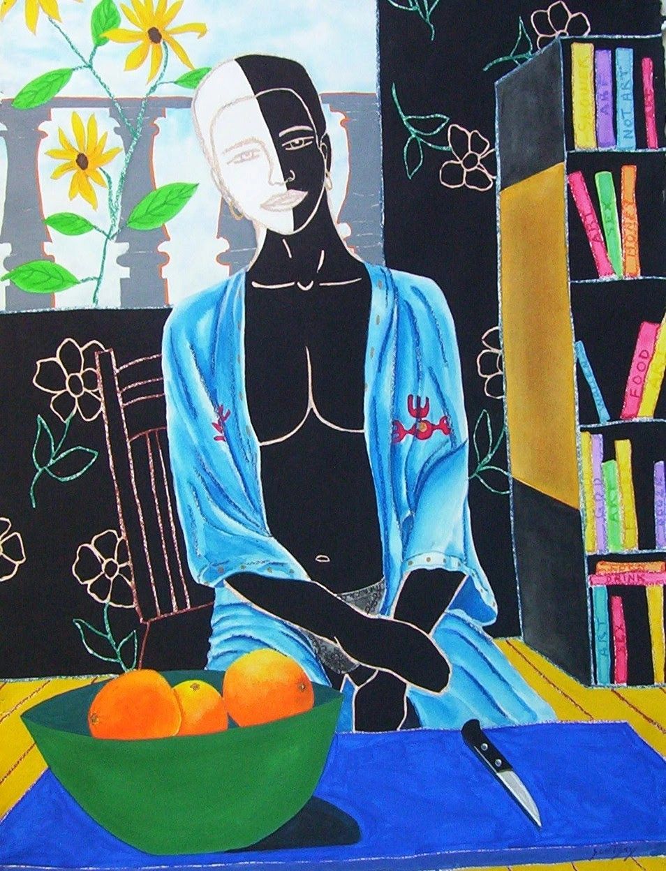 Woman in aquamarine robe. Bowl of oranges. Knife, bookshelf, books. Open window, balcony, flowers 