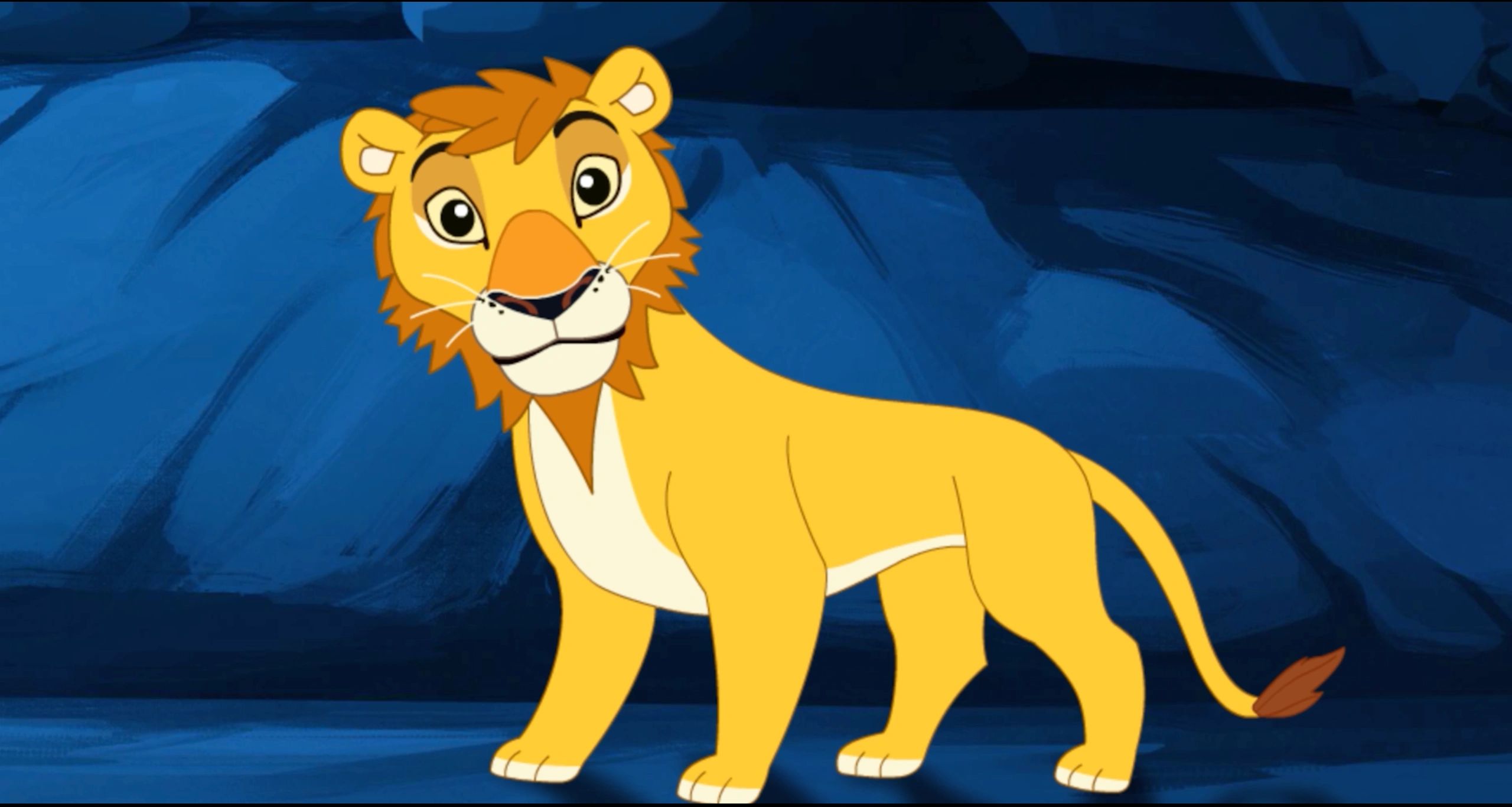 Animated young lion in a blue cave.