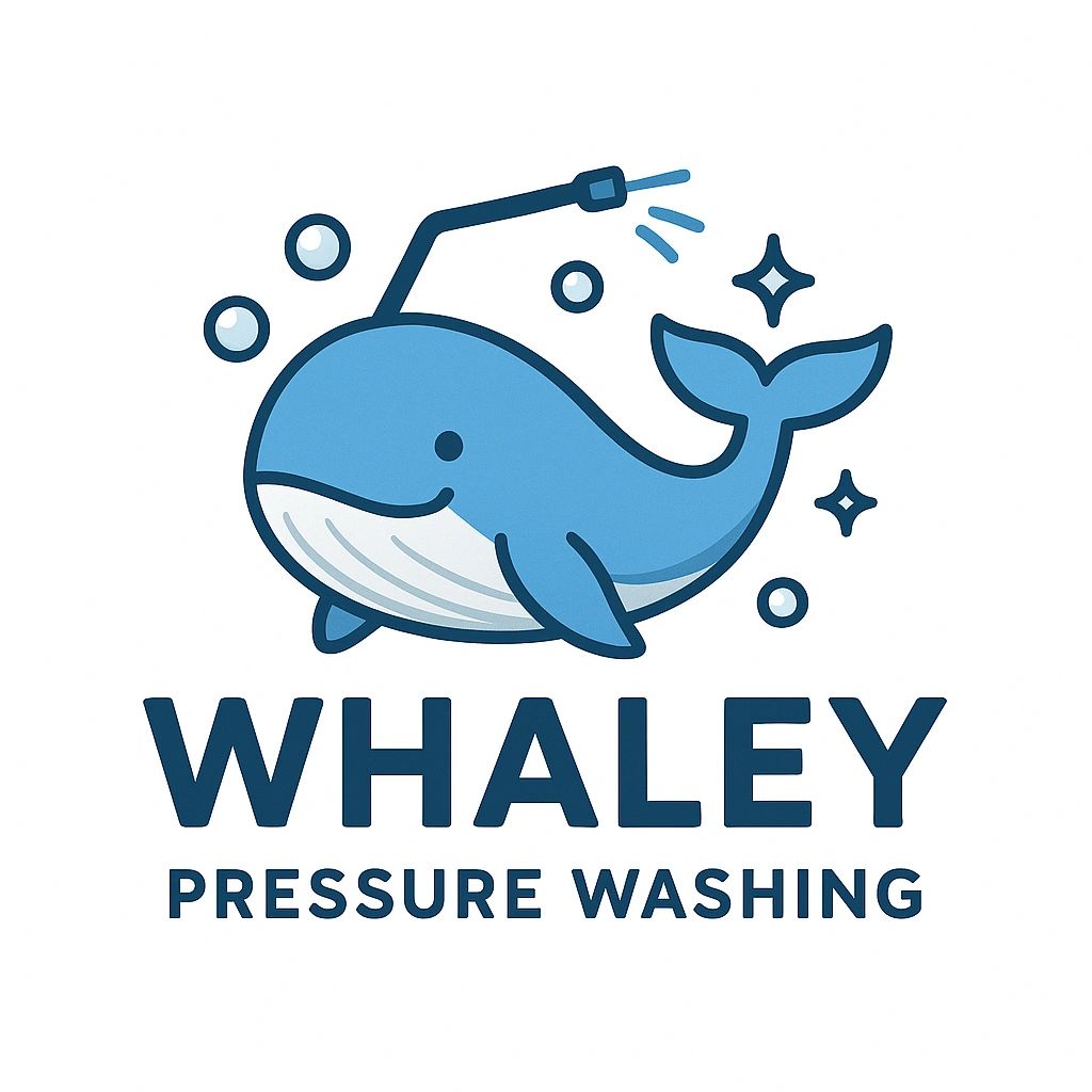Cute whale logo for Whaley Pressure Washing with bubbles and water spray.