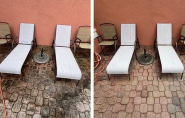 Side-by-side comparison of patio chairs and a cleaner patio floor before and after cleaning.