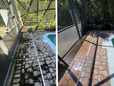 Before and after photos of a cleaned poolside patio with paver stones.