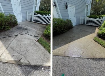 Side-by-side images showing a driveway before and after cleaning.