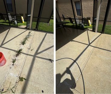 Before and after cleaning weeds from patio cracks.