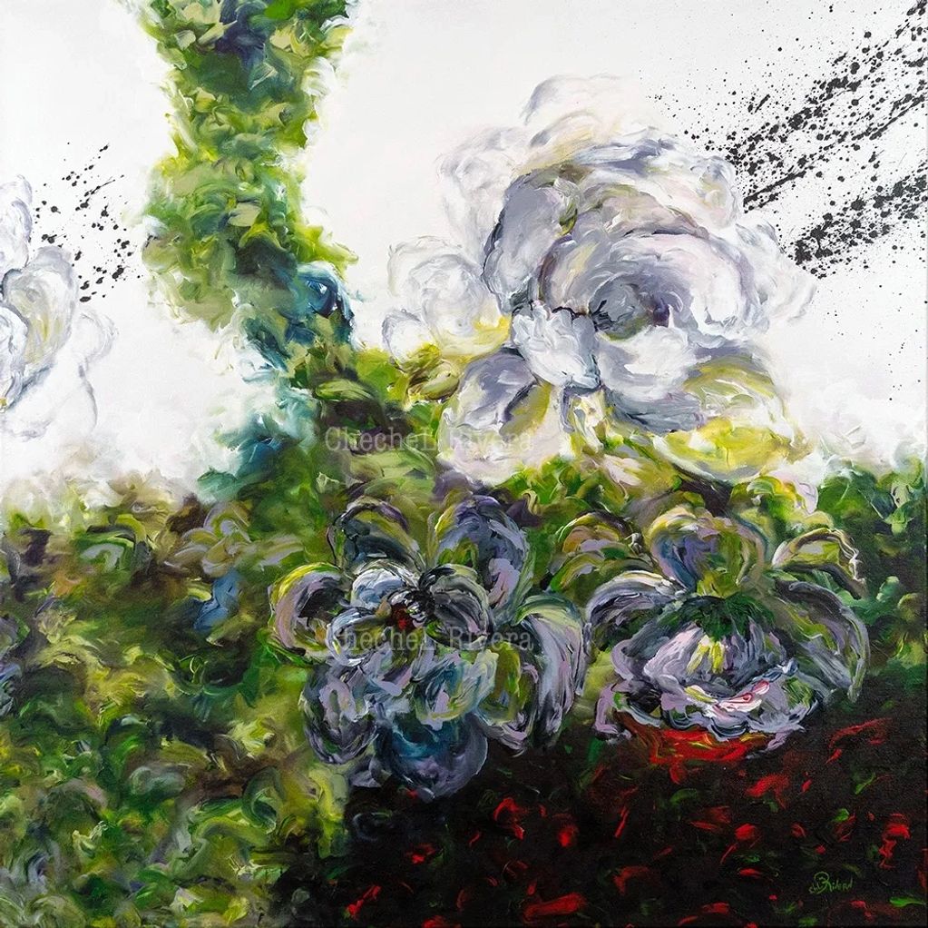 Chechel Rivera arte cuadro con flor blanca y lilas con tonos verdes naturaleza Panamá naturaleza 