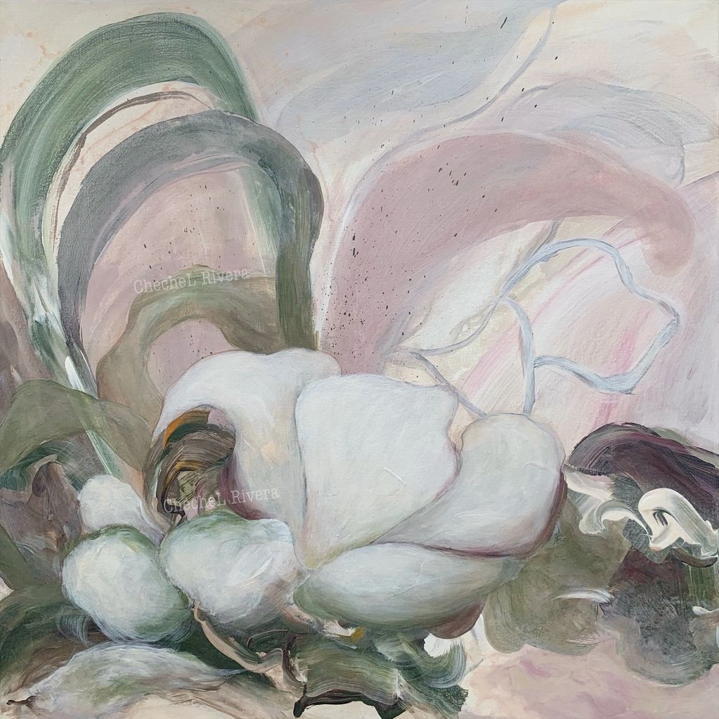 cuadro de flor blanca arte contemporáneo fondo rosa obra arte Chechel Rivera artista Panamá Pintora