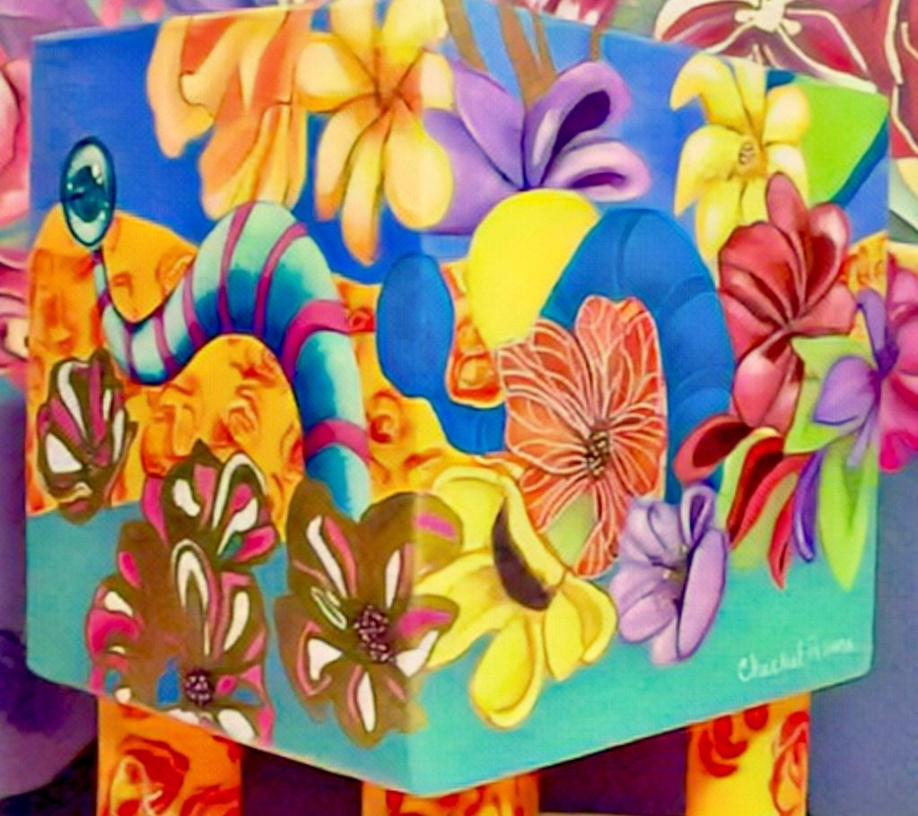 Obra Arte Panamá surrealismo contemporáneo cuadro galería cajita flores abstractas Chechel Rivera