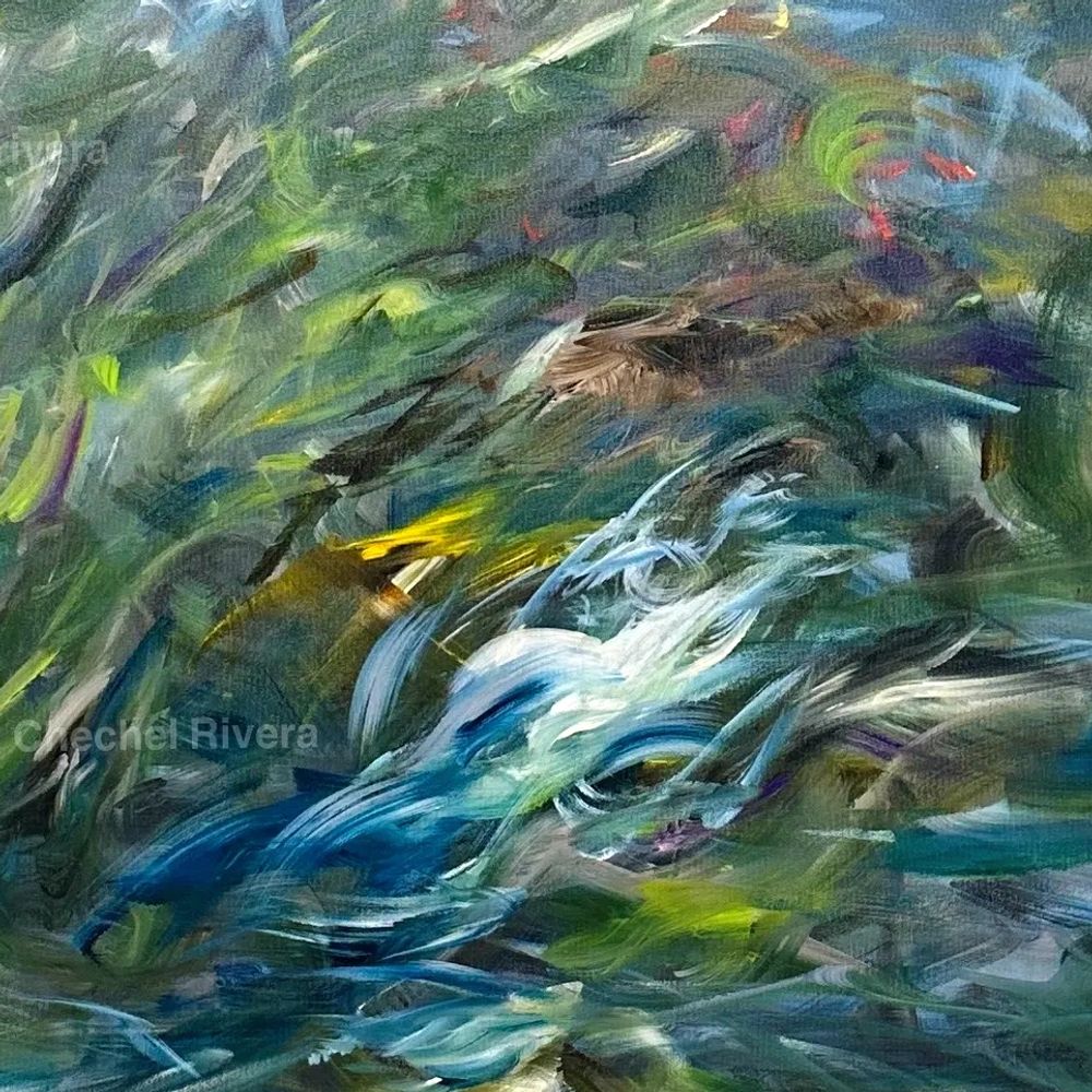 Arte abstracto representado viento y agua pintado por Chechel Rivera