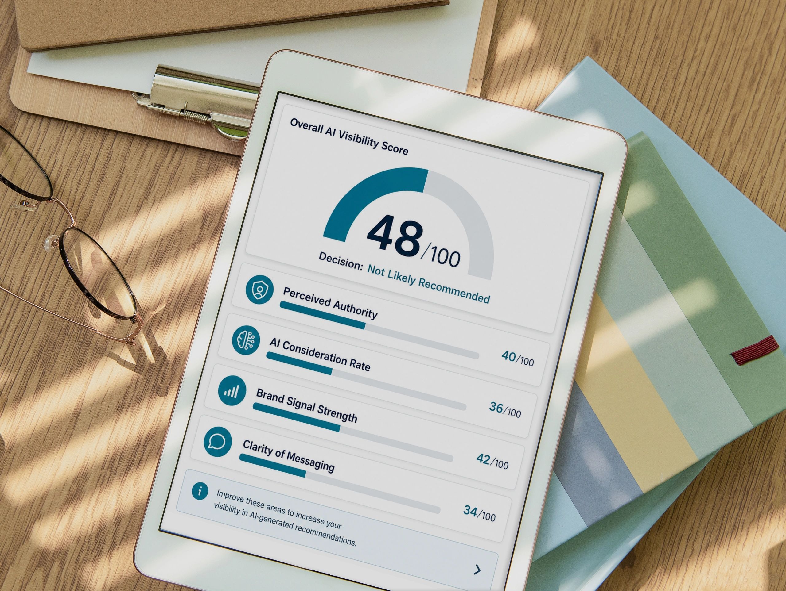 Tablet displaying an AI visibility score and recommendation on a desk.