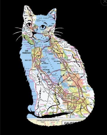 A cat silhouette filled with a detailed map of the San Francisco Bay Area.