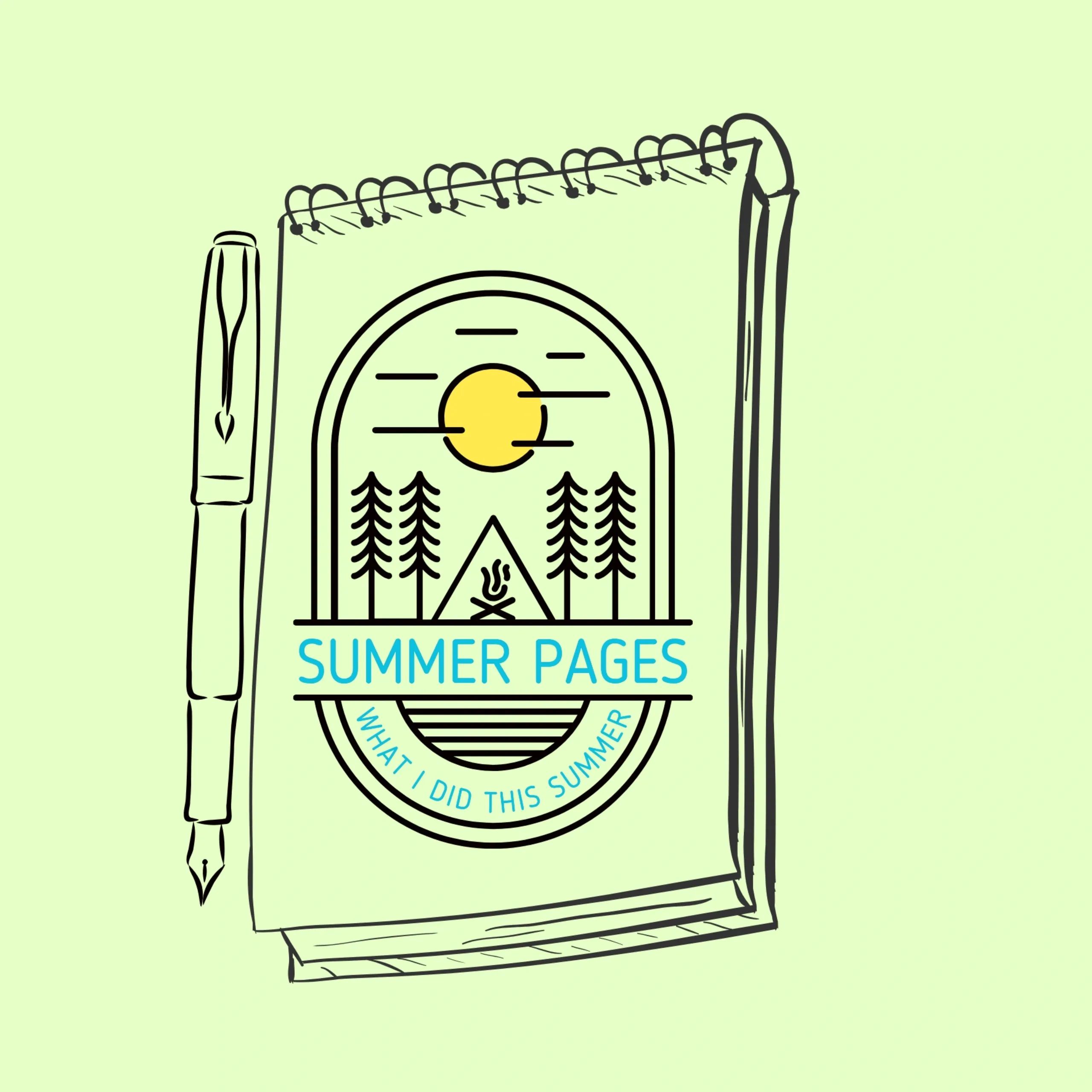 Illustration of a notebook and pen with a camping design.