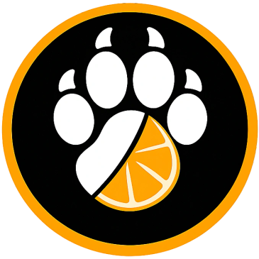 A white bear paw print over an orange slice on a black circle with an orange border.