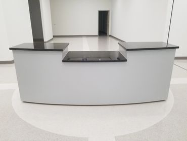 bow radiused front textured laminate church reception desk black pearl granite