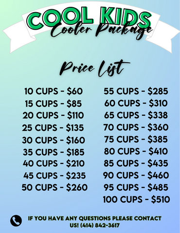 Price list for Cool Kids Cooler Package with cup quantities and prices.