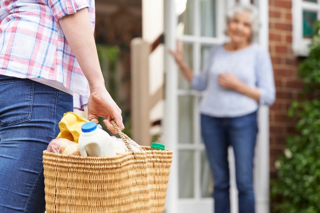 An elderly woman waiting for grocceries to be carried into her home.