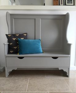 Pine settle painted grey with storage drawer