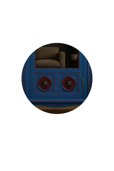 Detailed blue cabinet with red accents and a brown sofa in the background.
