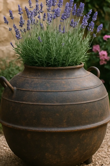 Rustic round planter with blooming lavender in a garden setting.