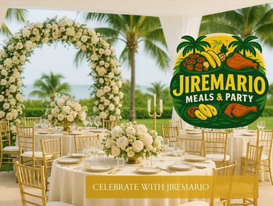 Elegant outdoor wedding setup with floral arch and gold chairs.