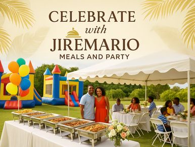 Outdoor celebration with buffet, balloons, and bounce houses.