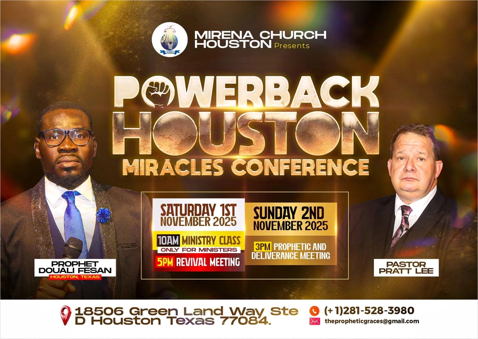 Powerback Houston Miracles Conference with Prophet Douali Fesan and Pastor Pratt Lee in November 2025.