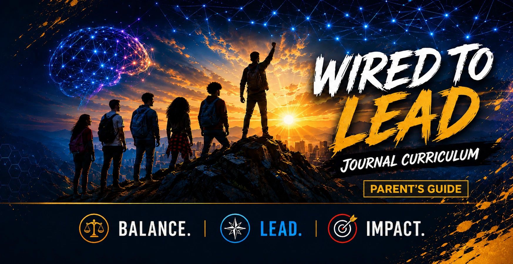 Group of young leaders overlooking a city at sunset with the text 'Wired to Lead Journal Curriculum'.
