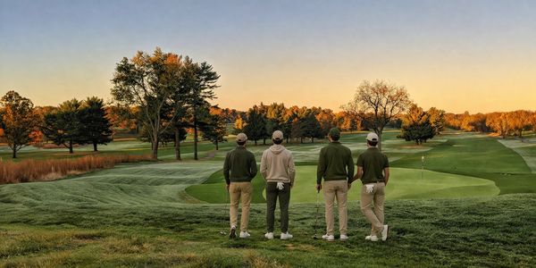 Four golfers standing and looking at a golf course during sunset.