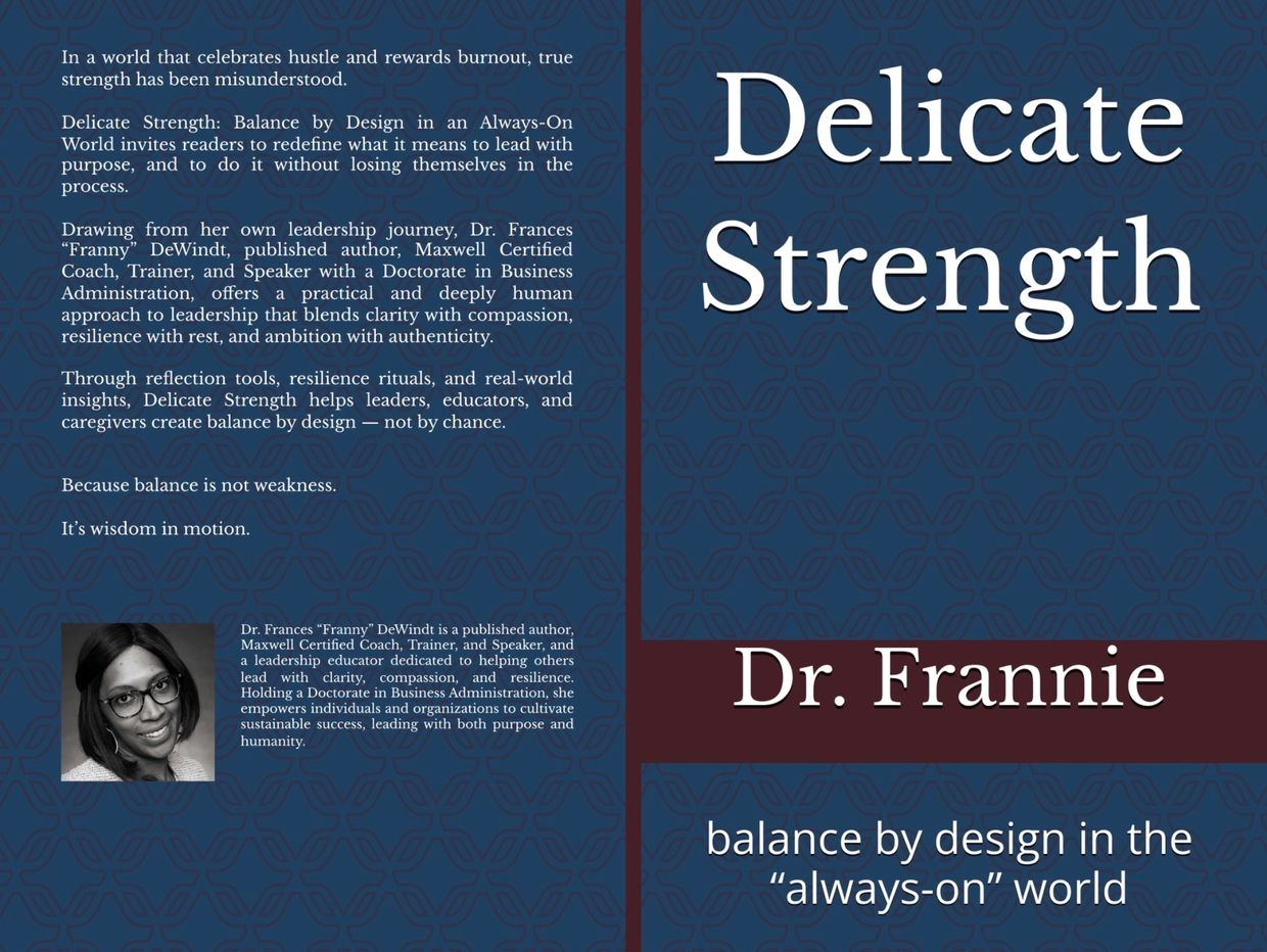 Book cover for "Delicate Strength" by Dr. Frannie about balance and leadership.