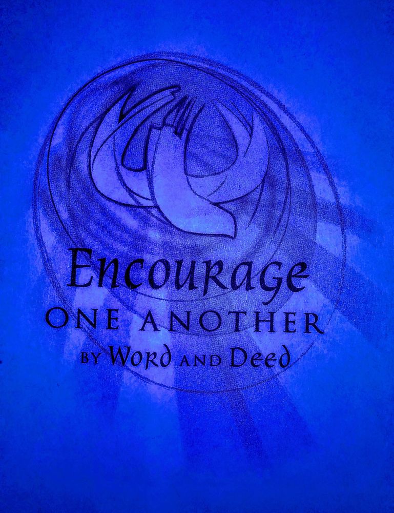 Encourage one another by word and deed with a dove and rays of light emanating outward.